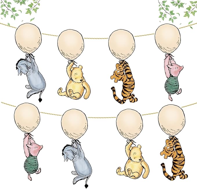 8 PCS Classic Balloons Pooh Banner for Baby Shower Cute Winnie Hanging Decorations First Birthday Banners Newborn Party Supplies