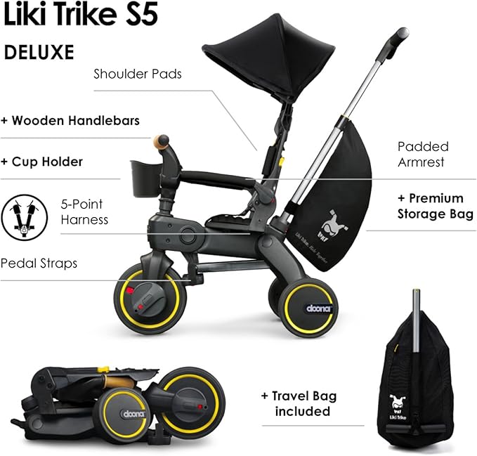 Doona Liki Trike S5, Nitro Black - 5-in-1 Compact, Foldable Tricycle - Suitable for Toddlers 10 to 36 Months