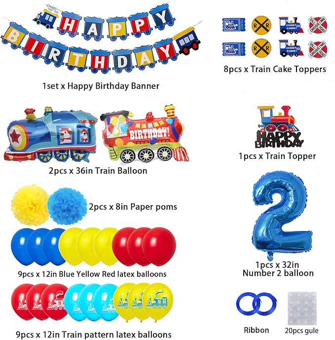 Train Birthday Party Decorations Blue Yellow Red Decorations with Railroad Balloons Garland,Train Birthday Banner,Train Balloons,Railway Cupcake Toppers (number 2nd birthday)