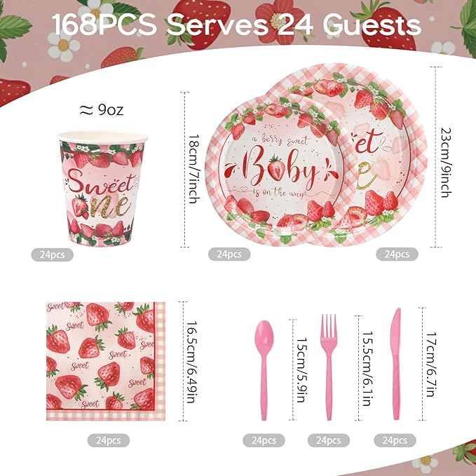 168Pcs Sweet One Birthday Decorations Pink Strawberry Paper Plates and Napkins Cups Knives Forks Spoons for Baby Shower Kids First Birthday Party Decorations Supplies for Girls Boys