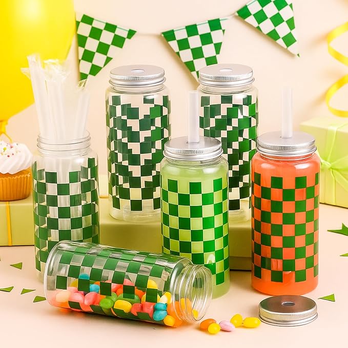Patelai 24 Pack Sage Green Gingham Cups 13.5 oz Clear Green Checkered Plastic Cups with Lid and Straw Reusable Plastic Plaid Tumbler for Baby Shower Wedding Birthday Bachelor Party Supplies