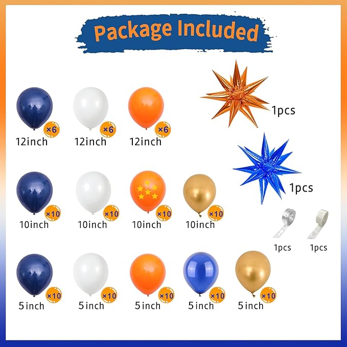 112 Pcs Blue Orange Gold balloon garland Arch Kit, Pentagram Print Balloons for Cartoon Themed Birthday Party Decorations Boys Girls Gatherings Party Supplies