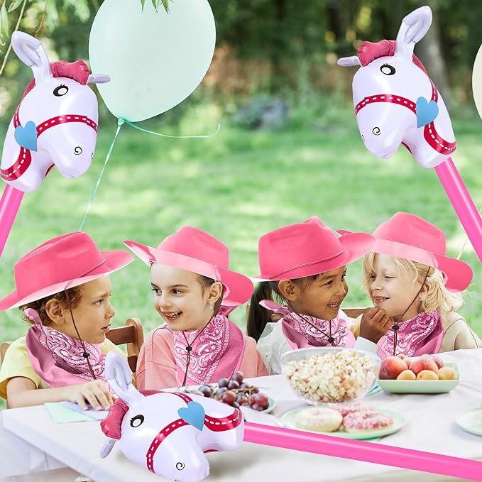 Xtinmee 36 Pcs Cowboy Party Costume Set, Cowboy Hats Paisley Bandanas Inflatable Stick Horses Kids Party Supplies