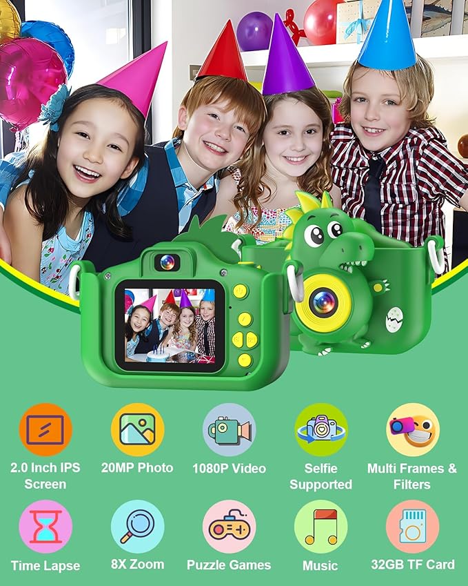 Dinosaur Kids Camera Toys, Camera for Kids with 32GB SD Card 1080P HD Kids Digital Camera Suitable for 3 4 5 6 7 8 9 Years Old Girls and Boys Gift Toys