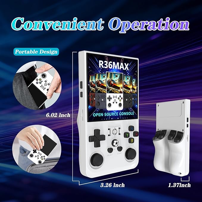 R36MAX 4000mAh Portable Rechargeable Handheld Retro Game Console,Comfort Non-Slip Handheld Standing Retro Game Console with 64G TF Car,4.0-inch Screen,for Office,White