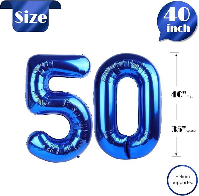 Navy Blue Number 50 Balloon 40 inch, 50 Number Balloons, 50th Navy Blue Birthday Decorations, 50 Year Old Women Men Blue Party Supplies