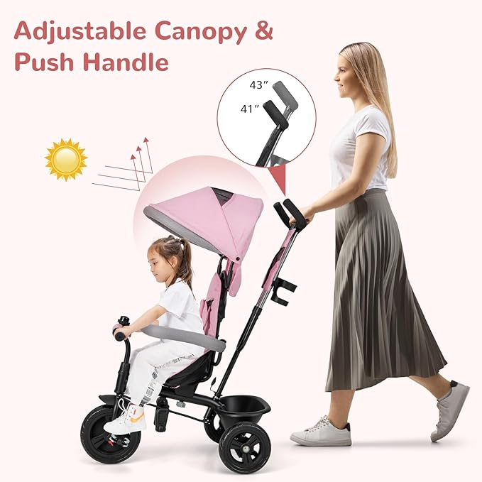 INFANS Kids Tricycle, 6 in 1 Baby Trike Toddler Bike with Reversible Seat, Adjustable Push Handle, Control Direction, Removable Canopy, Safety Harness, Belt, Storage, 9-60 Months (Pink)