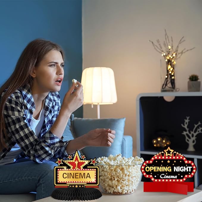 Chinco 12 Pieces Movie Night Party Decorations Supplies Movie Theater Honeycomb Centerpiece 3D Microphone Ticket Star Video Paper Centerpiece Sign Table Decoration for Theater Birthday Party Favors
