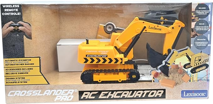 LEXiBOOK, Crosslander® pro RC Excavator, Remote Controlled Backhoe, Automatic Shovel, Play mat, Sand Moulds, 2 Trucks and a Bridge in Boxes Included, Rechargeable, RCP30