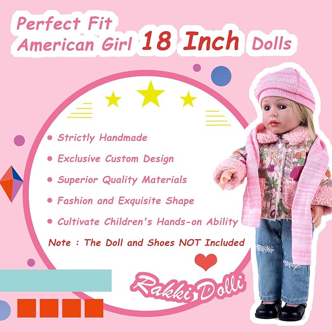 Doll Clothes 4 Piece Set Includes Pink Flower Snow Jacket, Knitted Wool Hat, Scarf and Hipster Jeans Fits for 18" American Girl Dolls (Doll and Shoes Not Included)