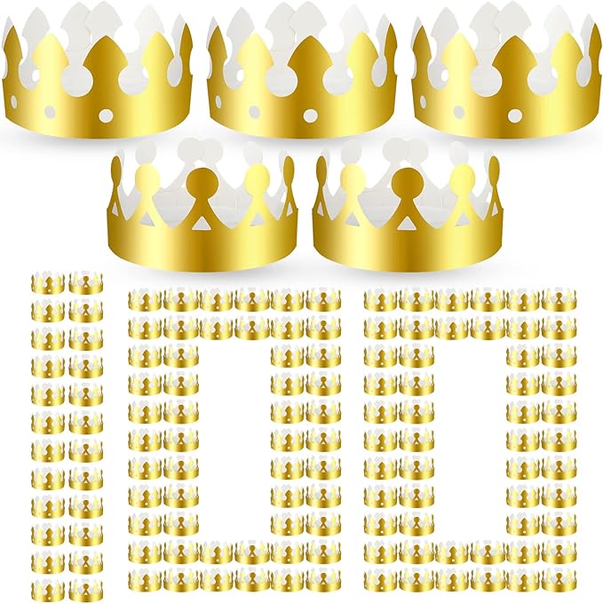 Crtiin 100 Pcs Gold Paper Crowns Birthday Party Bulk for Adults Classroom Students Hat Supplies Favors (Simple Style)