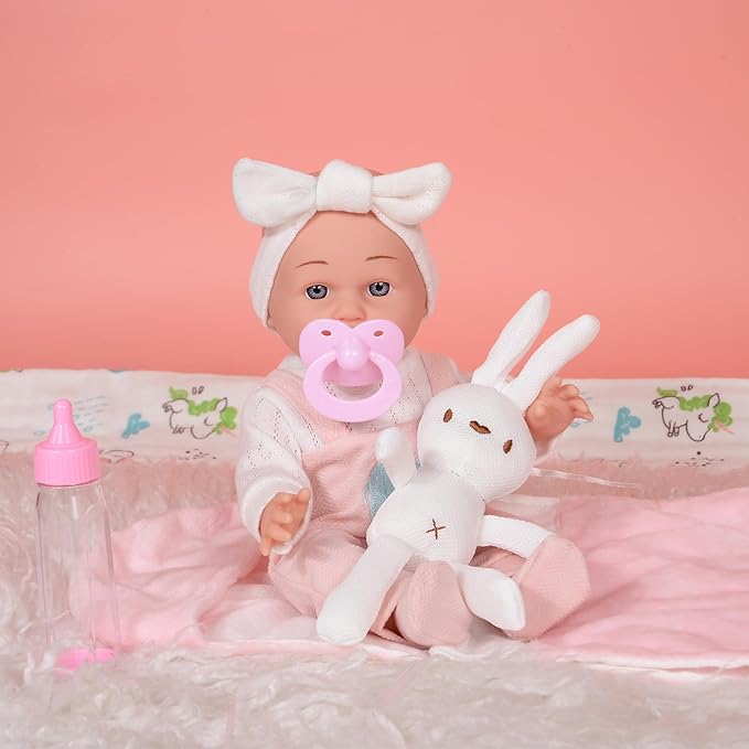12 inch Baby Doll - Adorable Doll and Accessories Including Romper, Sleeping Bag, Feeding Accessories, Rabbit Plush Toy