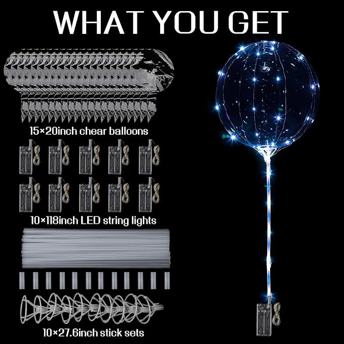 LED Balloons Light Up, 10 Pack LED Balloons with Sticks, 20 Inch Clear Bobo Balloon with Lights Helium Glow Bubble Lights for Party Supplies Valentines Decor (Blue)