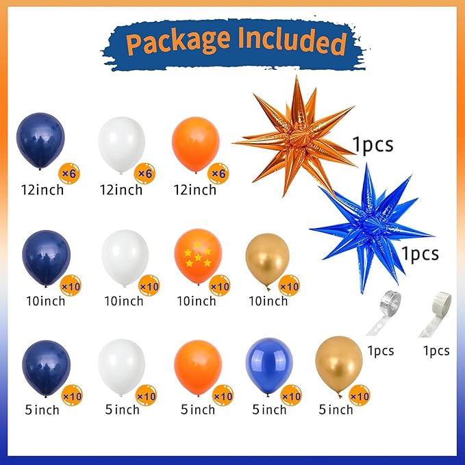 112 Pcs Blue Orange Gold Balloon Garland Arch Kit, Pentagram Print Balloons For Cartoon Themed Birthday Party Decorations Boys Girls Gatherings Party Supplies