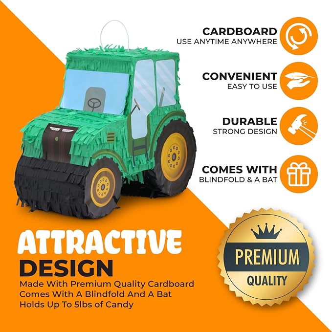 Tractor Pinata Bundle with a Blindfold and Bat(15.8 x 6.7 x 12 Inches), Kids Excavator Pinata for Construction Birthday Parties, Boys Birthday Party Supplies