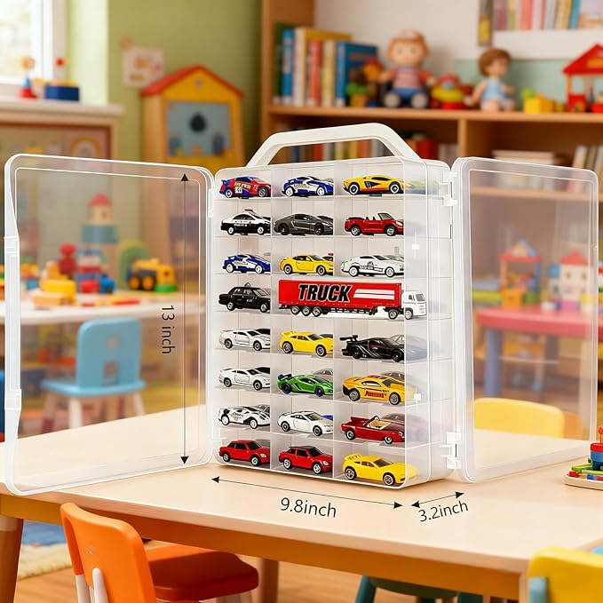 Double-Sided 1:64 Scale Toy Car Storage Case, 48-Slot Clear Organizer with Handle, Transparent Display & Storage Box Compatible with Most Die-Cast Model Cars (Case Only)