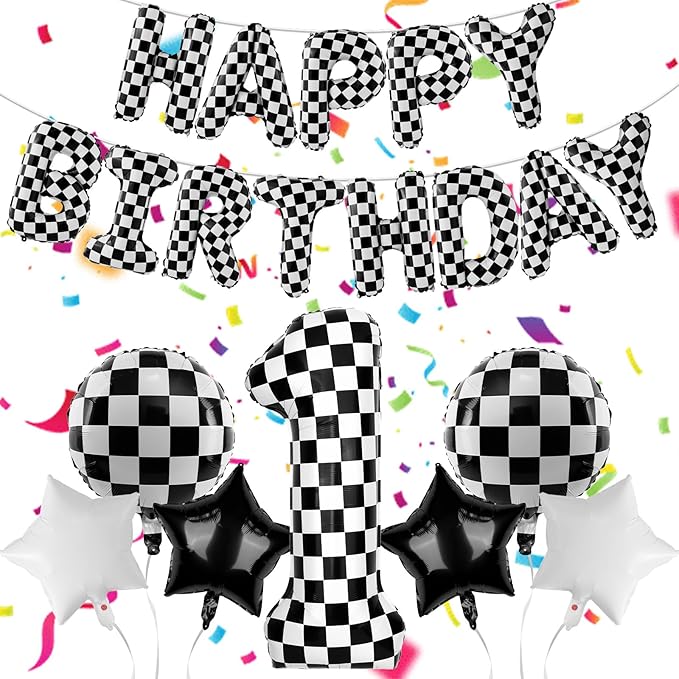 Racing Cars Themed Happy Birthday Banner Party Decorations Set Including 40 Inch Number 1 Foil Balloons, Themed Party Essentials, Checkered Backdrop Supplies for Boys Indoor Outdoor Celebration