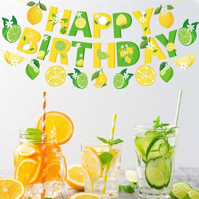 Zwiebeco Green Yellow Lemon Happy Birthday Party Decoration Banner Bunting Garland Hanging Paper for Boys Girls Women Kids Adults Summer Fruit Themed Party Decor Accessories Supplies