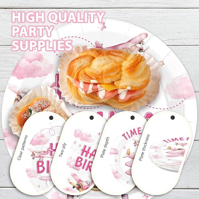 96Pcs Airplane Birthday Party Decorations Pink Airplane Aircraft Plates and Napkins How Time Flies Decorations for Girls Little Pilot Aviation Theme Birthday Baby Shower Party Supplies Serves 24