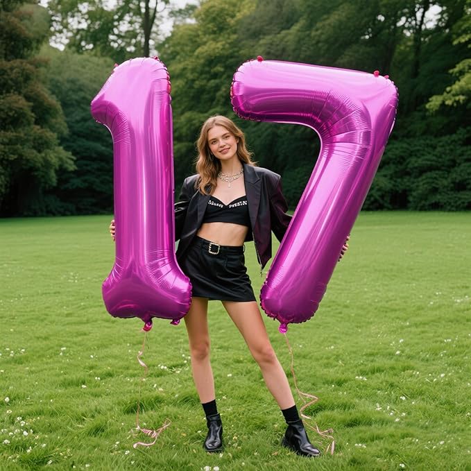 40 Inch Large 17 Balloon Numbers Rose Purple Big Foil Number Balloons Giant Helium Happy Birthday Party Decorations for Man and Women, Huge Mylar Anniversary Party Supplies