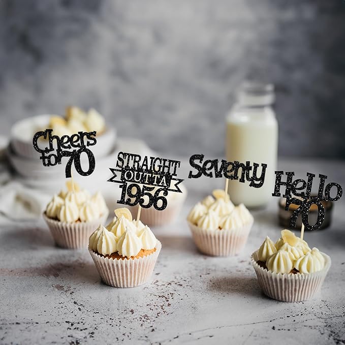 Ephlyn 24Pcs Happy 70th Birthday Cupcake Toppers Glitter Straight Outta 1956 Cupcake Picks Hello 70 Cheers to 70 Years Birthday Cake Decorations for 70th Birthday Anniversary Party Supplies Black