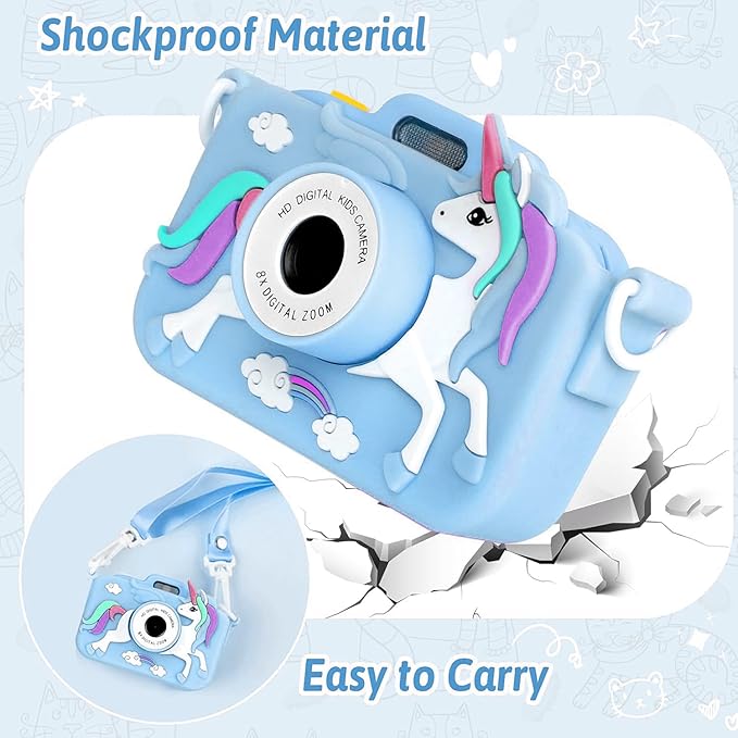 Unicorn Camera for Kids - Toddler Digital Selfie Camera with Silicone Cover, Flash and 32GB SD Card - Children Toy HD Video Kids Camera for Girls and Boys 3-12 Years Old - Blue