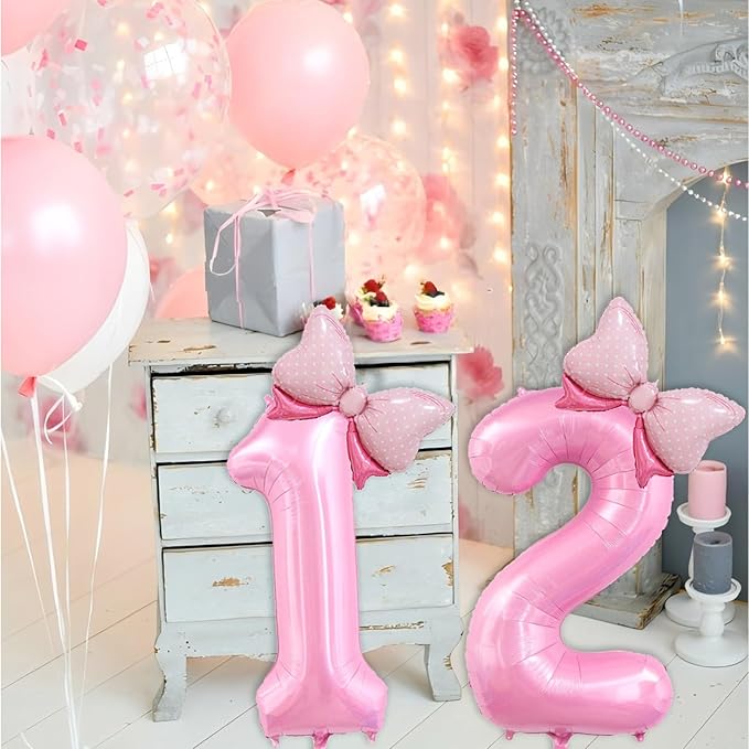 40 inch Number Balloon with Bow Pink Birthday Number Balloon for Girls Daughter Birthday Decorations Party Supplies (Pink Number 12)