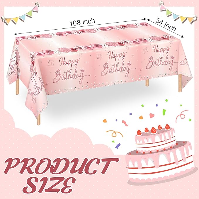 WNINK 2 Pack Pink & Rose Gold Happy Birthday Tablecloths, Disposable Plastic Rectangular Table Covers for 6th 21st 30th 40th 50th Women Girls Birthday Party 54 x 108 Inches