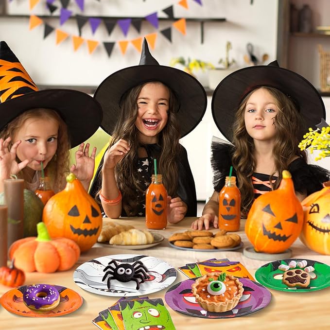 180 Pcs Halloween Paper Plates and Napkins Set,4 Design Pumpkin Monster Bat Disposable Tableware Supplies,for Halloween Party Decoration,Serve 60