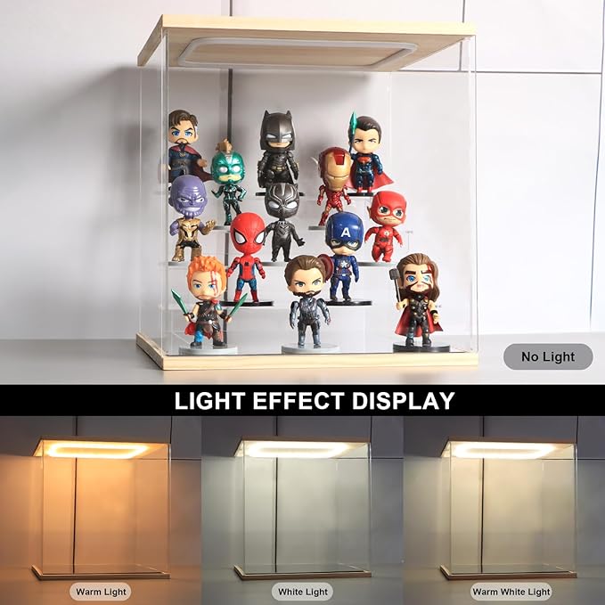 Clear Acrylic Display Case with Light 4 Tier Display Storage Box Assembly Dustproof Showcase for Collectibles Action Figures(Wood, 12.0*8.9*10.9inch)