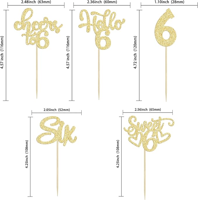 30Pcs 6th Birthday Cupcake Toppers Glitter Six Hello 6 Cupcake Picks Cheers to 6 Years Old Cake Decorations for 6th Birthday Party Supplies Gold