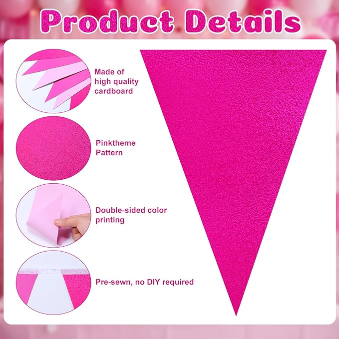 Tiamon 5 Pcs Pink Birthday Banner Decoration Hot Pink Pennant Bunting Garland 49.2 ft Glitter Triangle Flag for Bachelorette Wedding Bridal Shower Anniversary Flamingo Theme Party Supplies