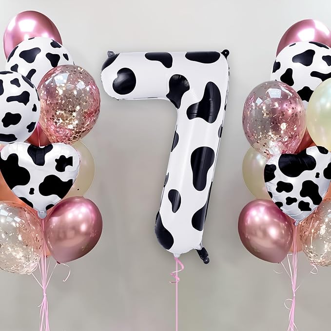 Cow Print Number 7 Balloon, Large 40 Inch Cow Number Birthday Balloons, Foil Mylar Number 7 Balloons for 7 Year Old Birthday Party Decorations Supplies Animal Farm Cowboy Cowgirl Themed Party