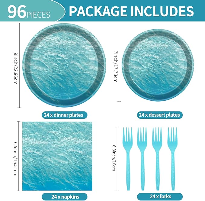 96 Pcs Ocean Sea Plates and Napkins Party Supplies, Ocean Waves Paper Plates Napkins and Forks Disposable Tableware Set for Summer Baby Shower Birthday Party Decorations Serves Serves 24 (Ocean)