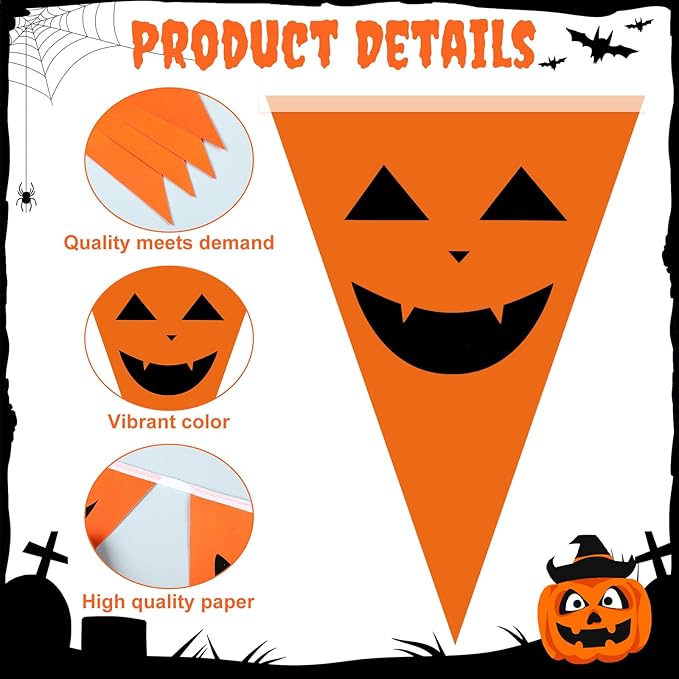 Jetec 5 Pieces 49 Feet Halloween Pumpkin Pennant Banner Party Decorations Spooky Funny Pumpkin Triangle Flags Bunting Banners for Halloween Spooky Birthday Party Decor Indoor Outdoor Supplies