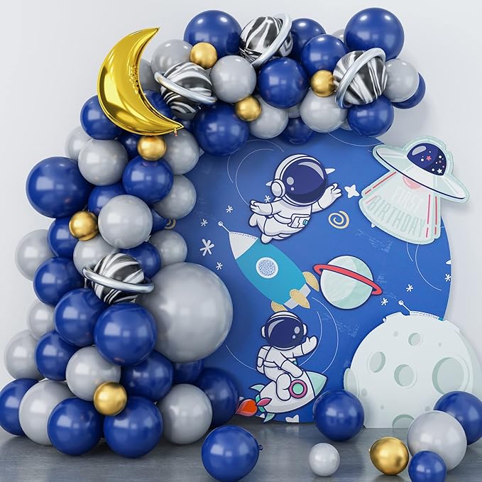 Outer Space Astronaut Balloon Garland Arch Kit Pearl Navy Blue Onyx Black Gray Gold Latex Balloons with Moon Foil Balloon Galaxy Starry Night to the Moon DIY Birthday Party Decoration Baby Shower