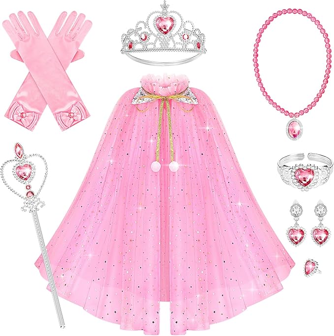10 Pieces Princess Cape Set Dress up Clothes for Little Girls Party Cosplay Cloak with Jewelry Tiara Crown Wand Gloves