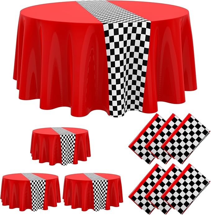 Oudain Plastic Racing Tablecloth, Round, Red, 6 Pcs, 84 inches