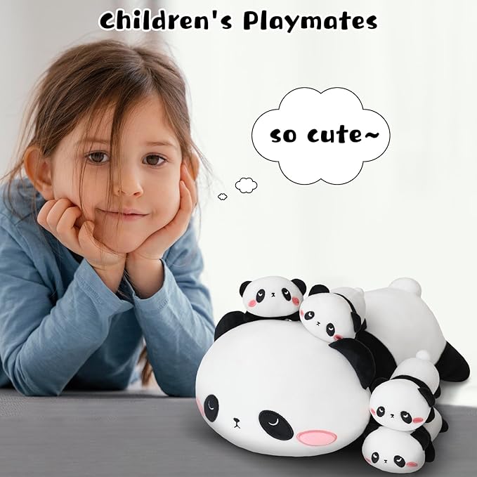 Panda Stuffed Animal Cute Panda Plush Pillow with 4 Baby Plushies in Her Tummy, Soft Cotton Stuffed Animals Toy Gifts for Kids