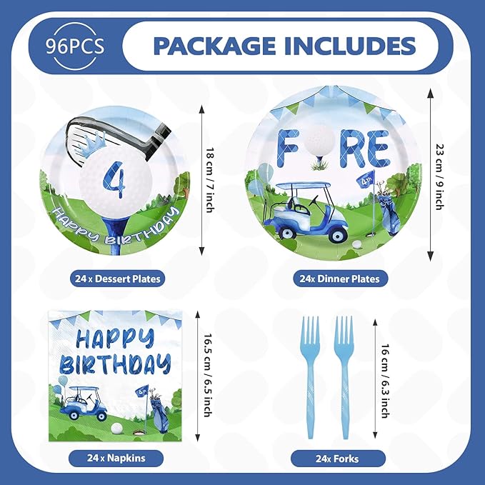 96 Pcs Golf 4th Birthday Party Supplies Golf Ball Sports Theme Party Plates and Napkins Disposable Blue Green Tableware Set for Kids Boys Four Birthday Decorations Serves 24
