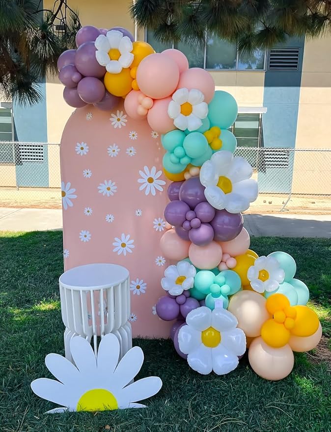 Daisy Balloon Arch Garland Kit - 148 Pcs Groovy Pastel Balloon Arch with Flower Balloons in Purple, Blue, Orange, Yellow for Boho Girl Birthday, Baby Shower, Wildflower Party Decorations