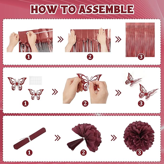 Burgundy Birthday Decorations for Women Girls, Pearl Pink Rose Gold Sand Metallic Printed Balloons Butterfly Stickers Fringe Curtain Happy Birthday Banner Circle Dot Paper Pompom Party Supplies