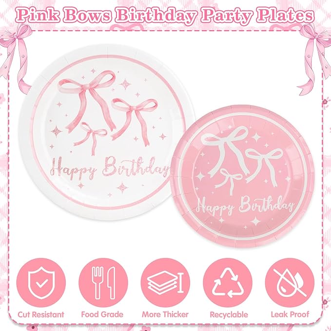 Coquette Birthday Decorations, Pink Bow Birthday Decorations Serve 24 Includes bow hair clip Hanging Swirls Plates Napkins Cups Banner Tablecloth Balloons Pink Party Supplies for Girls Party