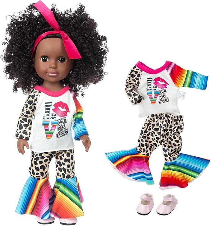XFEYUE14.5 inch Black Doll and 2 Sets Clothes Accessories, African American Baby Girl Doll Including Glasses, Camera, Bag &Shoes for Kids Girls