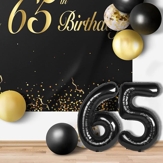 Happy 65th Birthday Balloons Black Set Decor - Cheers to 65 Years Old Party Theme Garland Banner Backdrop Decorations For Women and Men Supplies