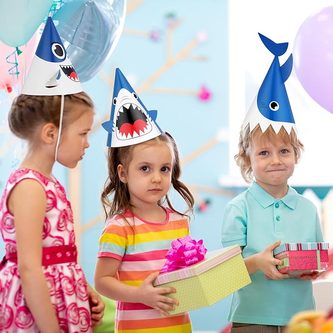 Chinco Shark Party Hats Shark Birthday Hat for Birthday Party Supplies and Decorations, 12. 7 x 7. 9 Inches, 3 Styles