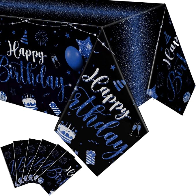Tudomro 6 Pcs Happy Birthday Tablecloths Happy Birthday Party Decorations Plastic Table Cover Rectangular Cloths for Women Men Baby Shower Party Supplies, 108 x 54 Inch (Black Blue)