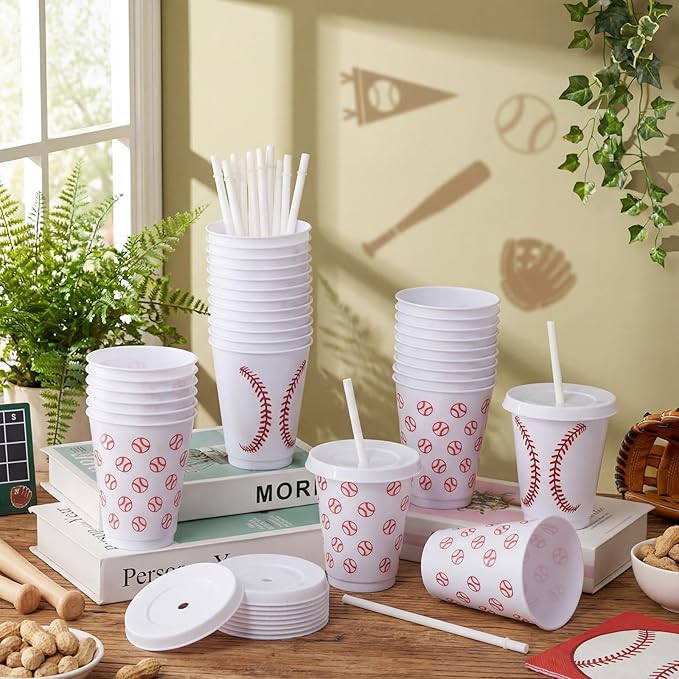 Sieral 30 Pcs Baseball Cups with Straws and Lids, 16 oz Reusable Plastic Tumblers Iced Coffee Travel Mug Sports Baseballs Water Bottle for Baseball Theme Party Favors Birthday Decorations