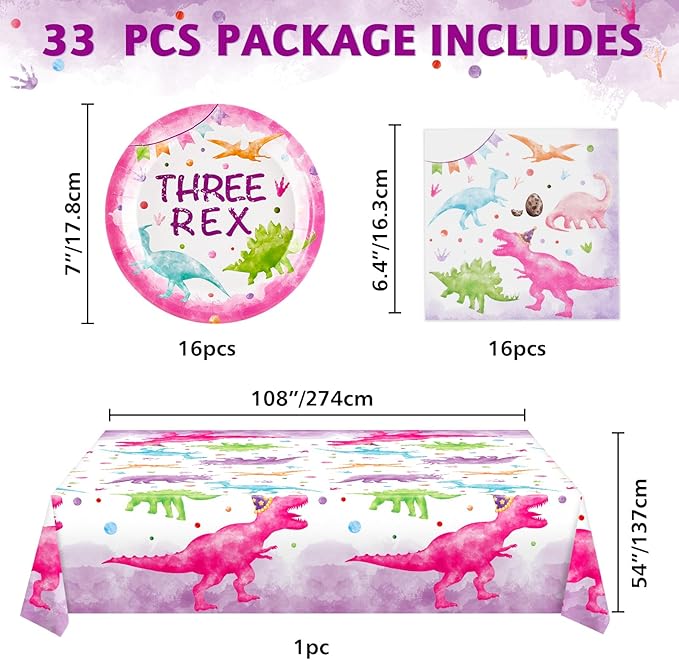WERNNSAI Dinosaur 3rd Birthday Decorations - 33PCS Three Rex Plates Napkins Tablecloth Girl Dinosaur Party Decorations Three Rex Table Supplies for Kids Girls 3rd Birthday Party Serves 16 Guests