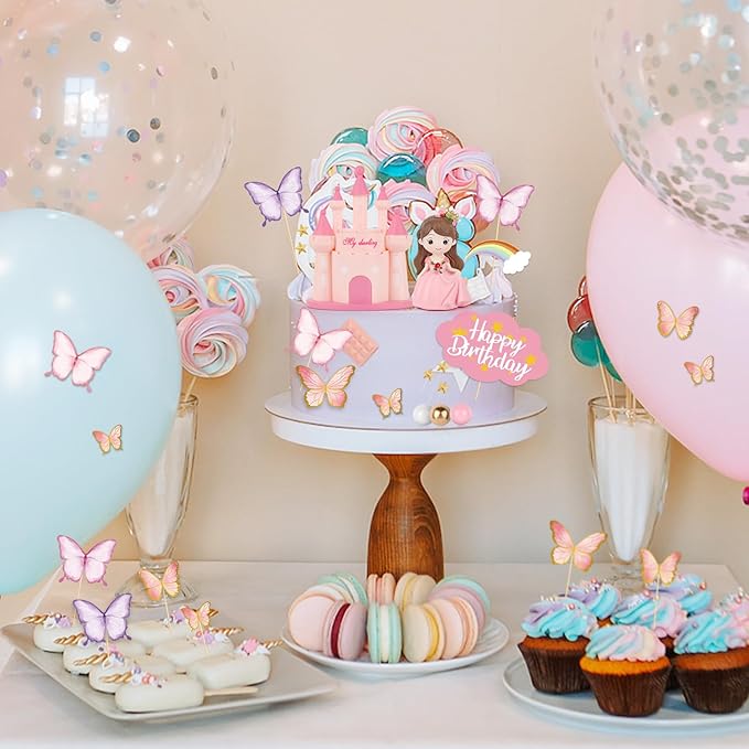 Hooqict 33PCS Princess Cake Decorations Set with Butterflies, Balls, Castle Cake Toppers & Cupcake Toppers for Girls Princess Birthday Party Decorations Tea Party Supplies